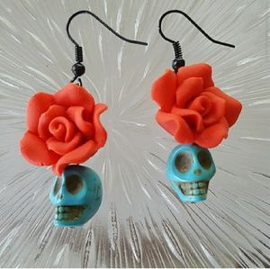 Sugar Skull Earrings Red Teal